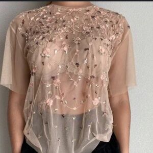 ❤️3X20 ZARA Sheer Embroidered And Sequins Tan Top | S